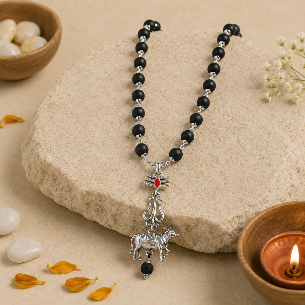 Karungali Silver Mala With Nandi Pendant