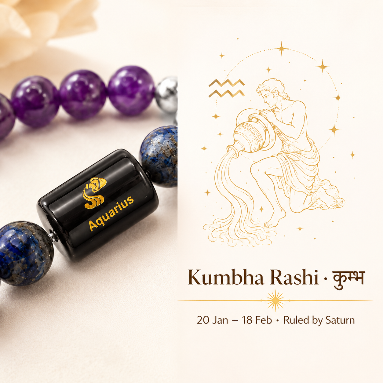 Aquarius (कुंभ राशि) Zodiac Amethyst & Lapis Lazuli Bracelet for Men & Women | Brings Wisdom, Intuition, Confidence & Mental Clarity