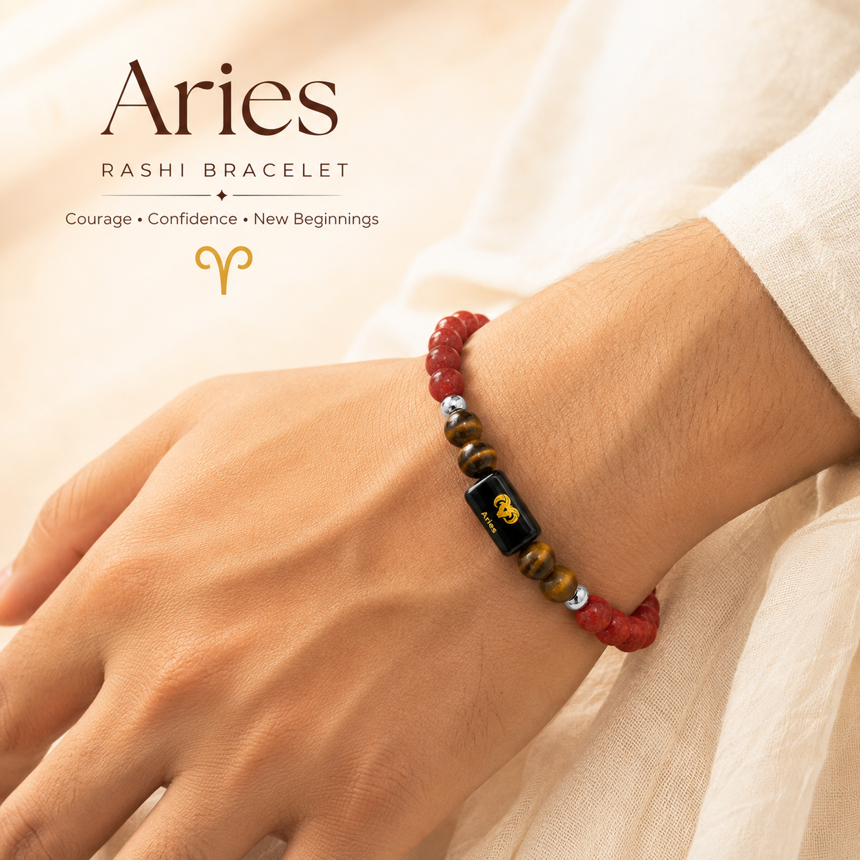 Aries (मेष राशि) Zodiac Red Jasper & Tiger Eye Bracelet for Men & Women | Brings Courage, Confidence, Strength & Success
