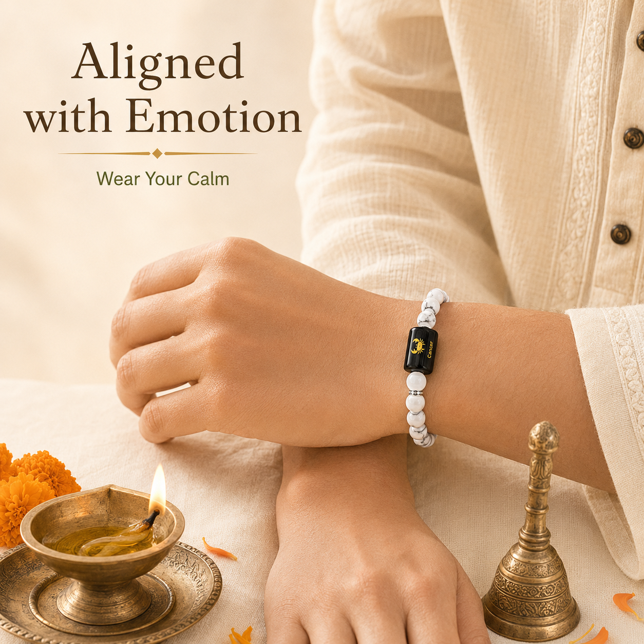 Cancer (कर्क राशि) Zodiac Howlite & Milky Quartz Bracelet | Emotional Balance, Inner Peace & Positive Energy | Adjustable Unisex Crystal Bracelet