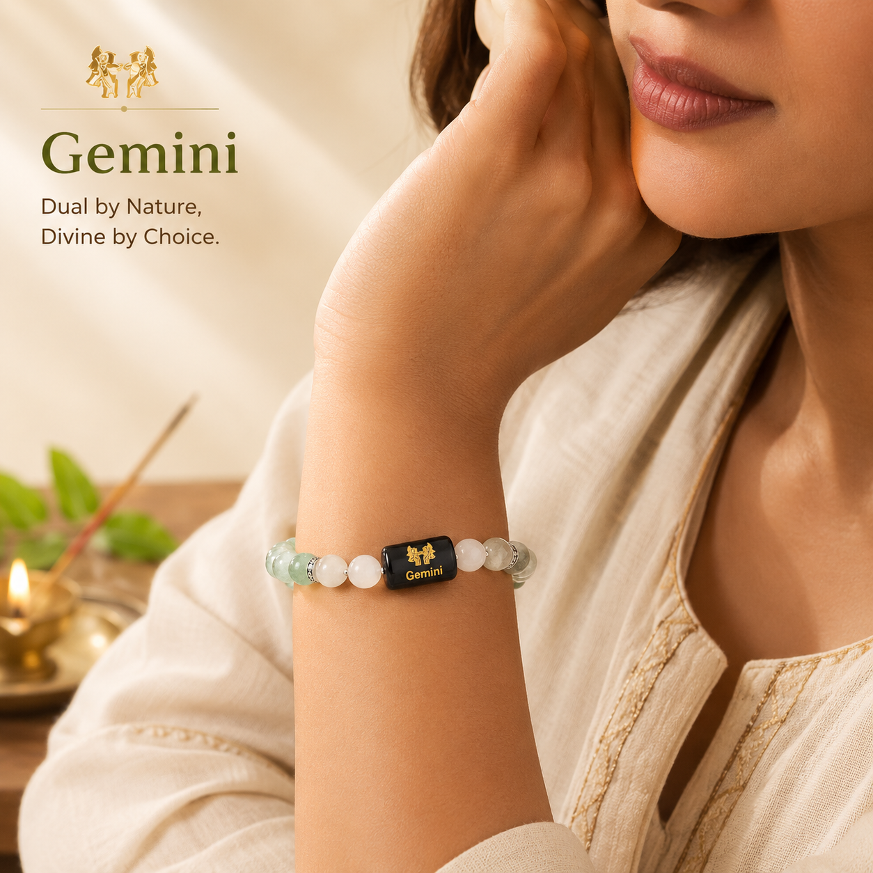 Gemini (मिथुन राशि) Zodiac Green Aventurine & Milky Quartz Bracelet | Growth, Clarity & Positive Energy | Adjustable Unisex Crystal Bracelet