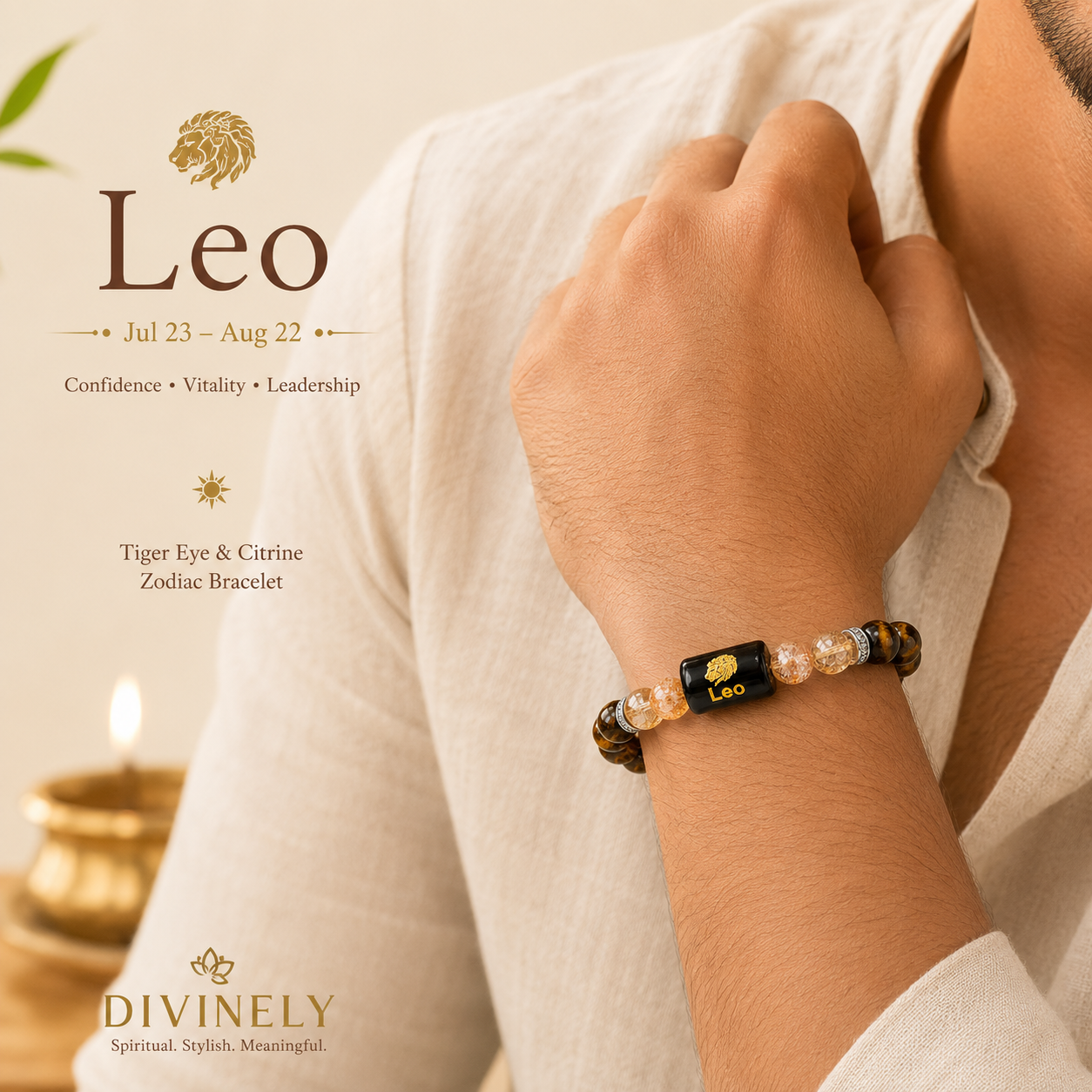 Leo (सिंह राशि) Zodiac Tiger Eye & Citrine Bracelet | Confidence, Courage & Success | Adjustable Unisex Crystal Bracelet
