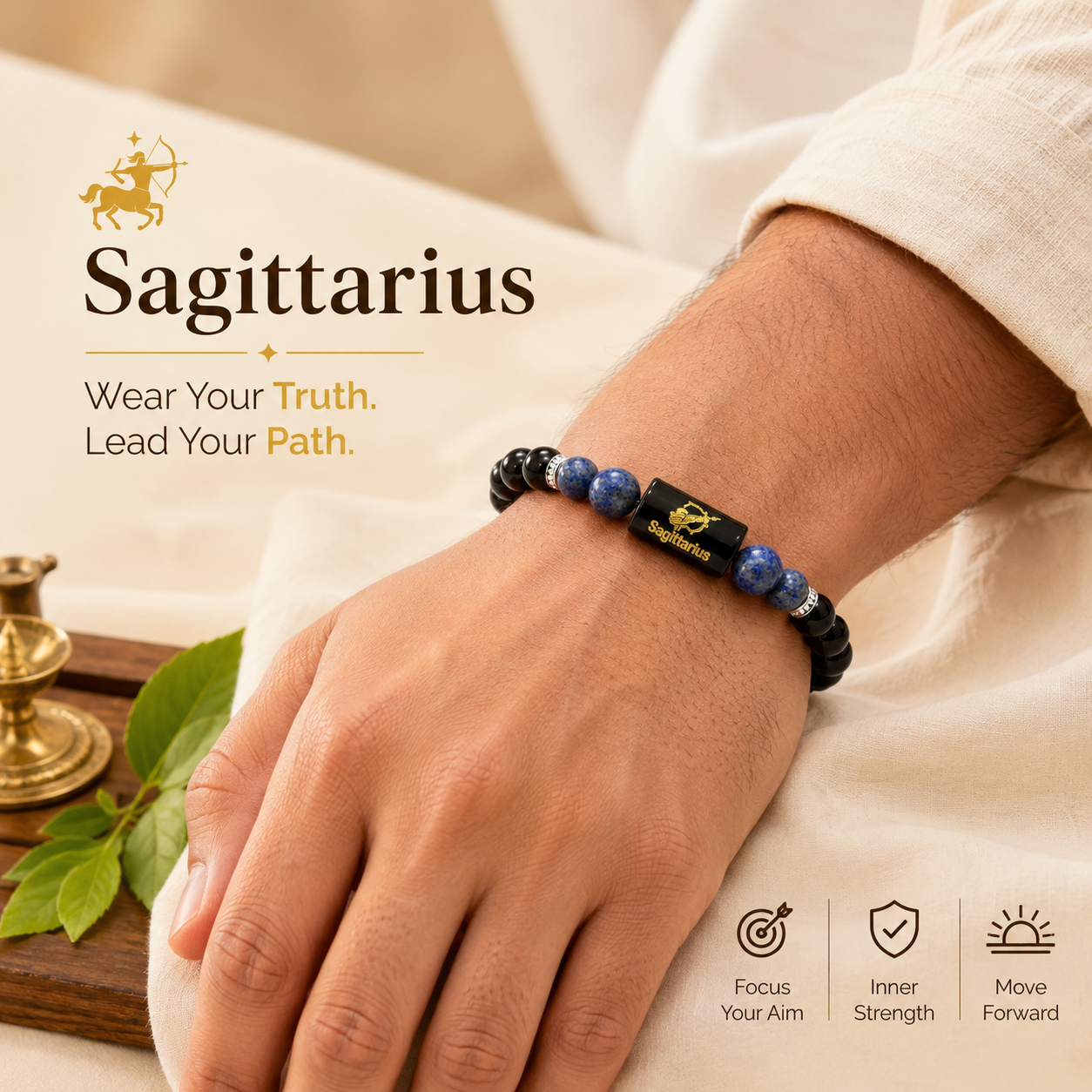 Sagittarius (धनु राशि) Zodiac Black Obsidian & Lapis Lazuli Bracelet | Wisdom, Protection & Confidence | Adjustable Unisex Crystal Bracelet