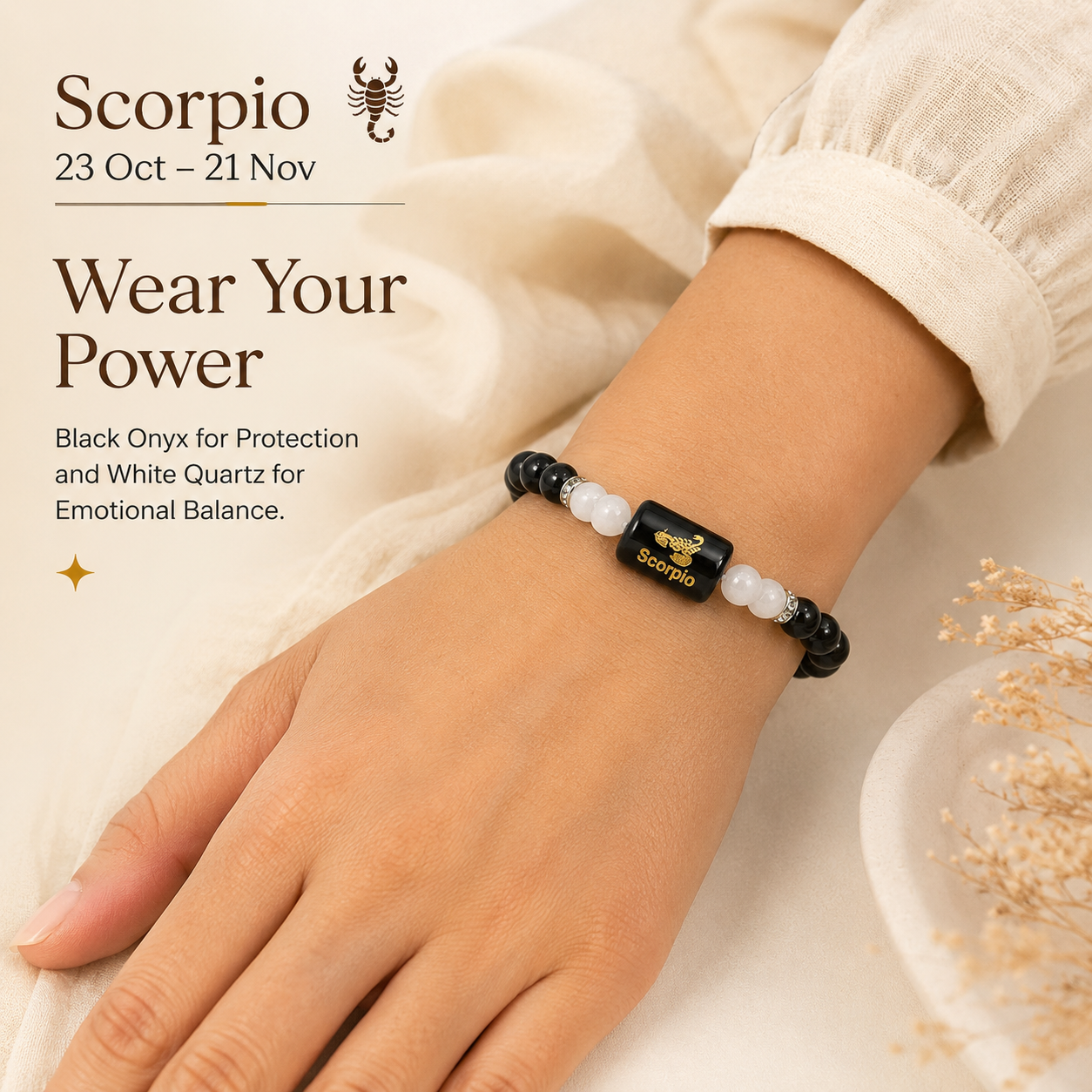 Scorpio (वृश्चिक राशि) Zodiac Black Obsidian & Milky Quartz Bracelet | Protection, Emotional Balance & Inner Strength | Adjustable Unisex Crystal Bracelet