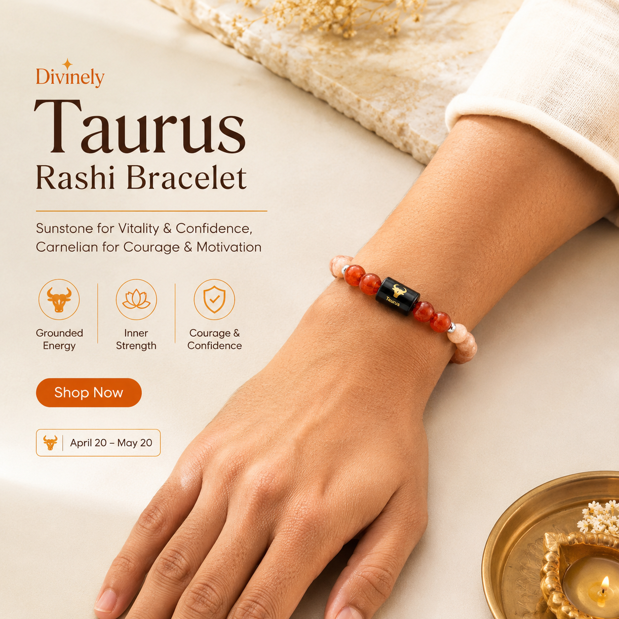 Taurus (वृषभ राशि) Zodiac Sunstone & Carnelian Bracelet for Men & Women | Brings Prosperity, Confidence, Positivity & Motivation