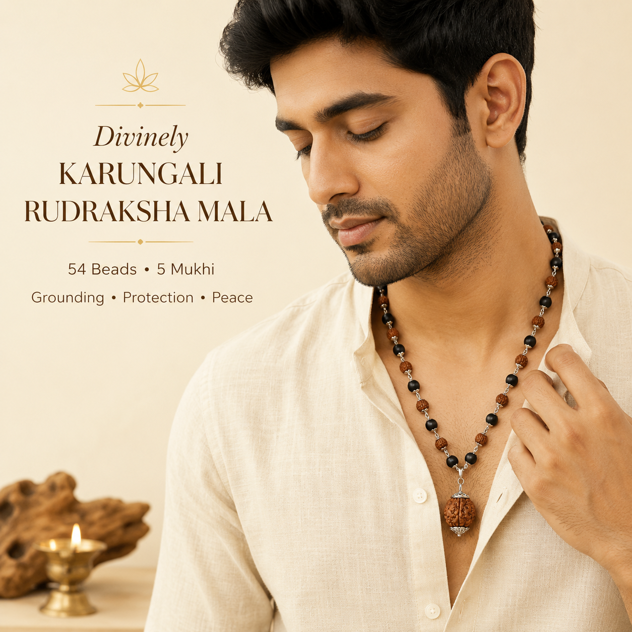 Karungali Rudraksha Silver Mala with 5 Mukhi Rudraksha Pendant | Natural Karungali Wood & Rudraksha Beads | Silver-Tone Spiritual Necklace for Men & Women | Handcrafted Meditation & Prayer Mala