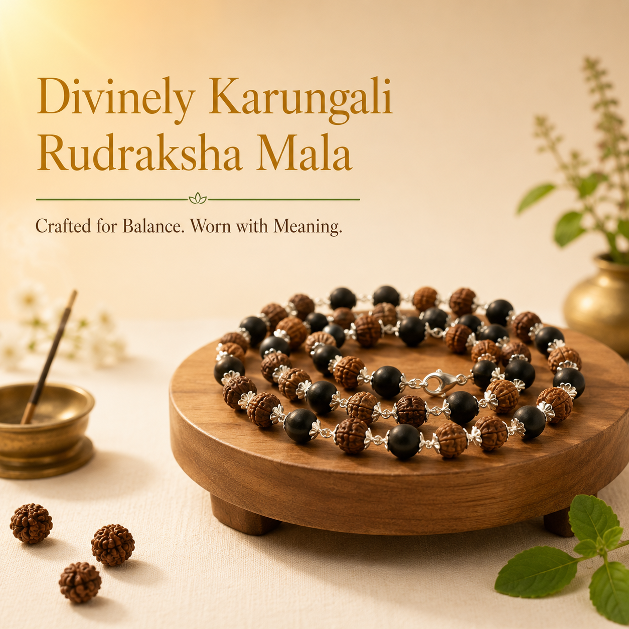 Karungali Rudraksha Mala – 54 Beads | 7mm Natural Beads with Silver-Tone Accents