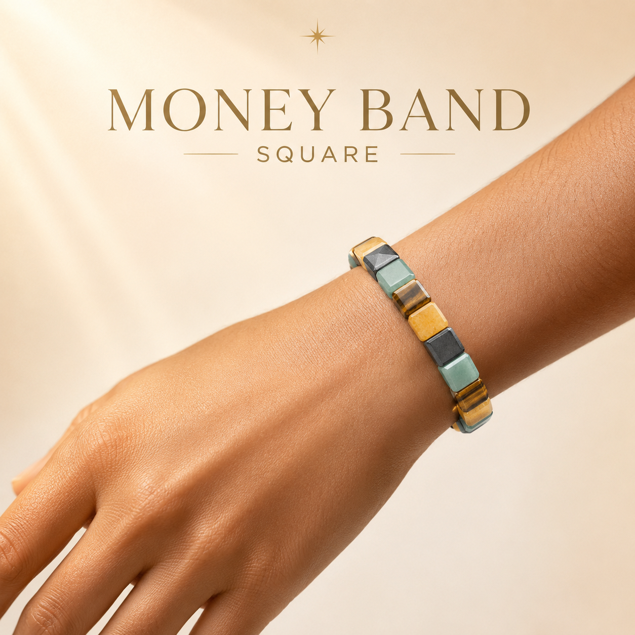 Money Band Square Bracelet | Natural Tiger Eye, Pyrite, Green Aventurine & Citrine Crystal Bracelet | Premium Stretch Bracelet for Men & Women | Wealth, Success & Positive Energy | Includes Authenticity Certificate