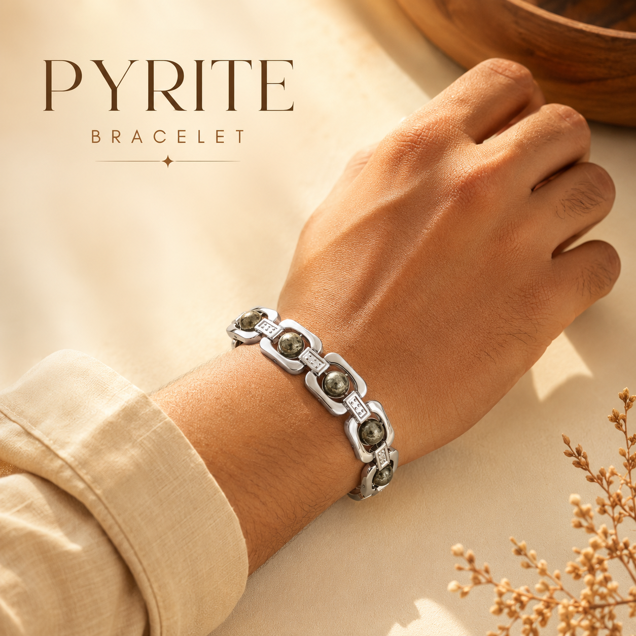 Natural Pyrite Metal Bracelet for Men & Women | Silver-Tone Link Bracelet | Adjustable Spiritual Crystal Bracelet for Prosperity, Confidence & Everyday Wear