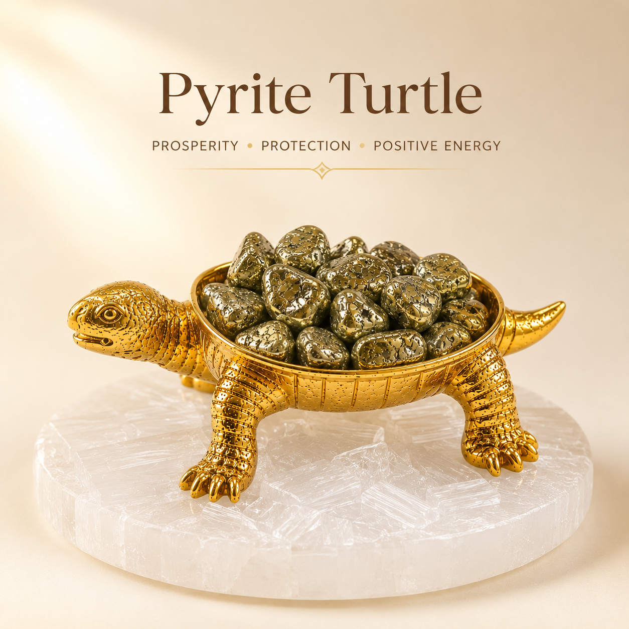 Gold Colour Pyrite Kachua (Tortoise) with Selenite Plate | Crystal Wealth & Positive Energy Decor | Vastu & Feng Shui Home/Office Décor