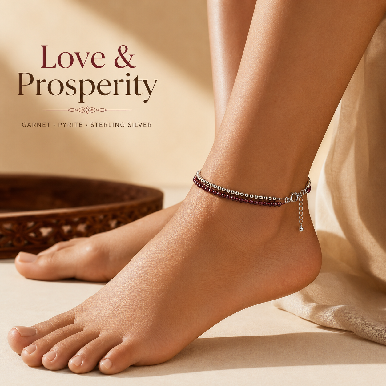 Love & Prosperity Anklet – Pyrite & Garnet Double-Strand Adjustable Anklet for Women | Natural Crystal Anklet | Elegant Everyday Jewelry | Gift for Women