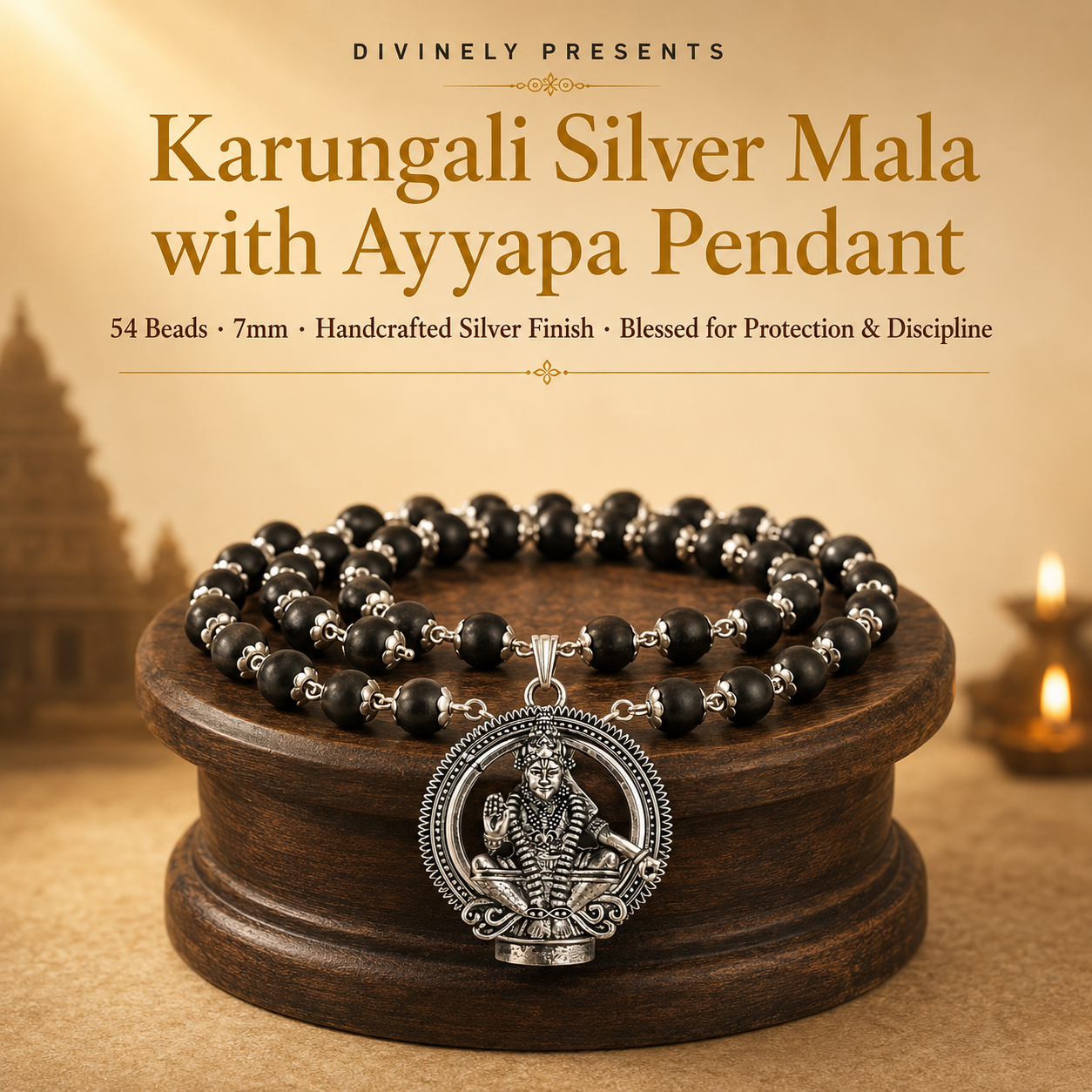 Karungali Silver Mala with Ayyapa Pendant | 54 Beads | Handcrafted Spiritual Necklace for Men & Women