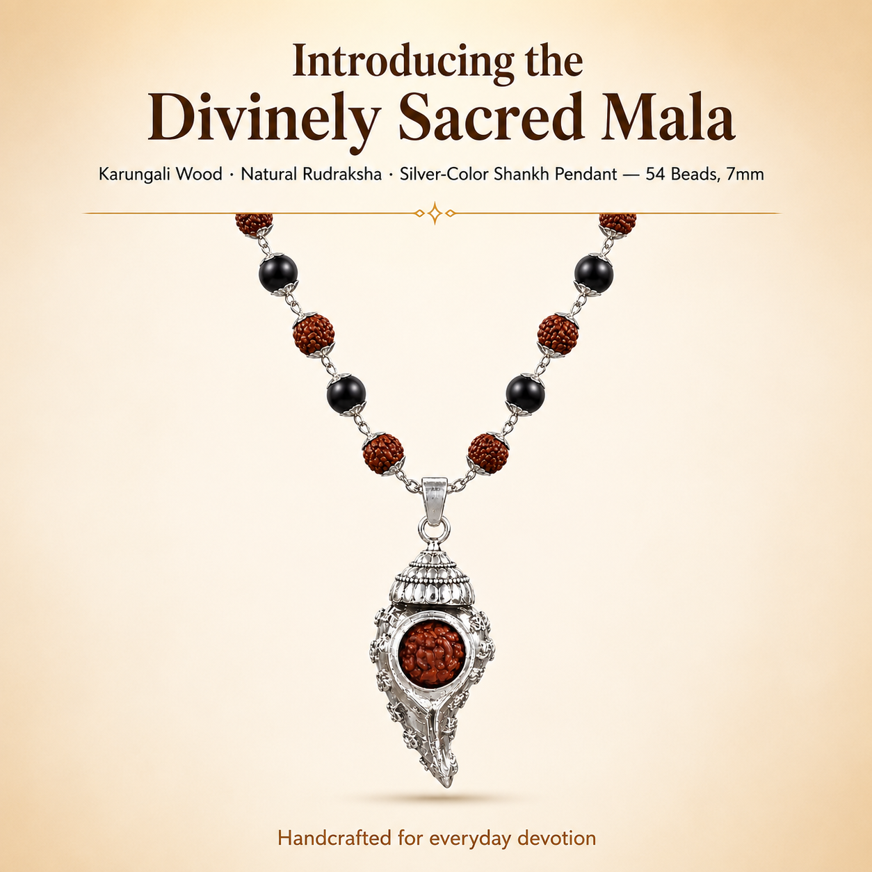 Karungali Rudraksha Silver Mala with Sacred Shankh Pendant | 54 Beads (7mm) | Handcrafted Spiritual Necklace for Meditation, Prayer & Daily Wear