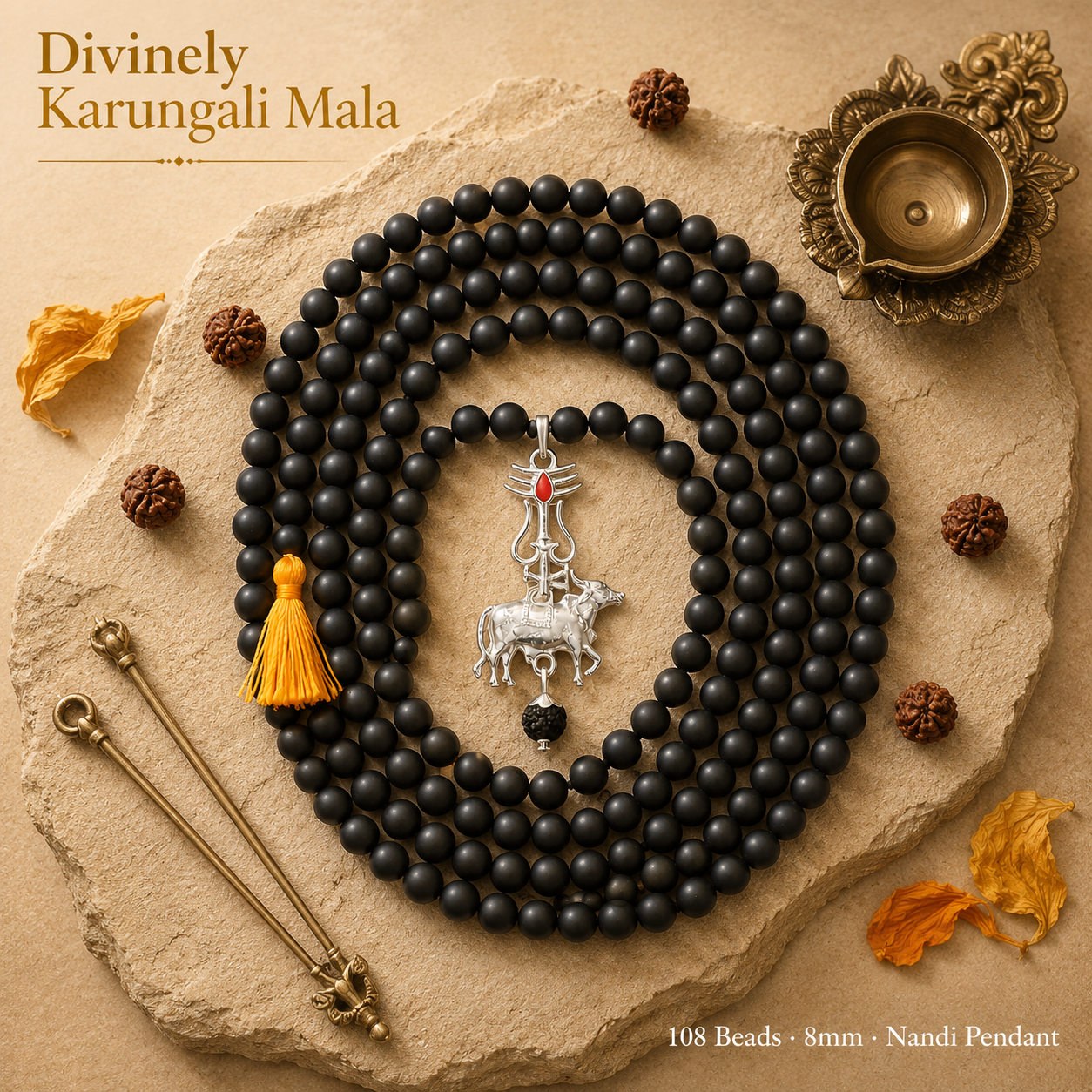 Sacred Karungali Mala – 108 Prayer Beads & Nandi Pendant