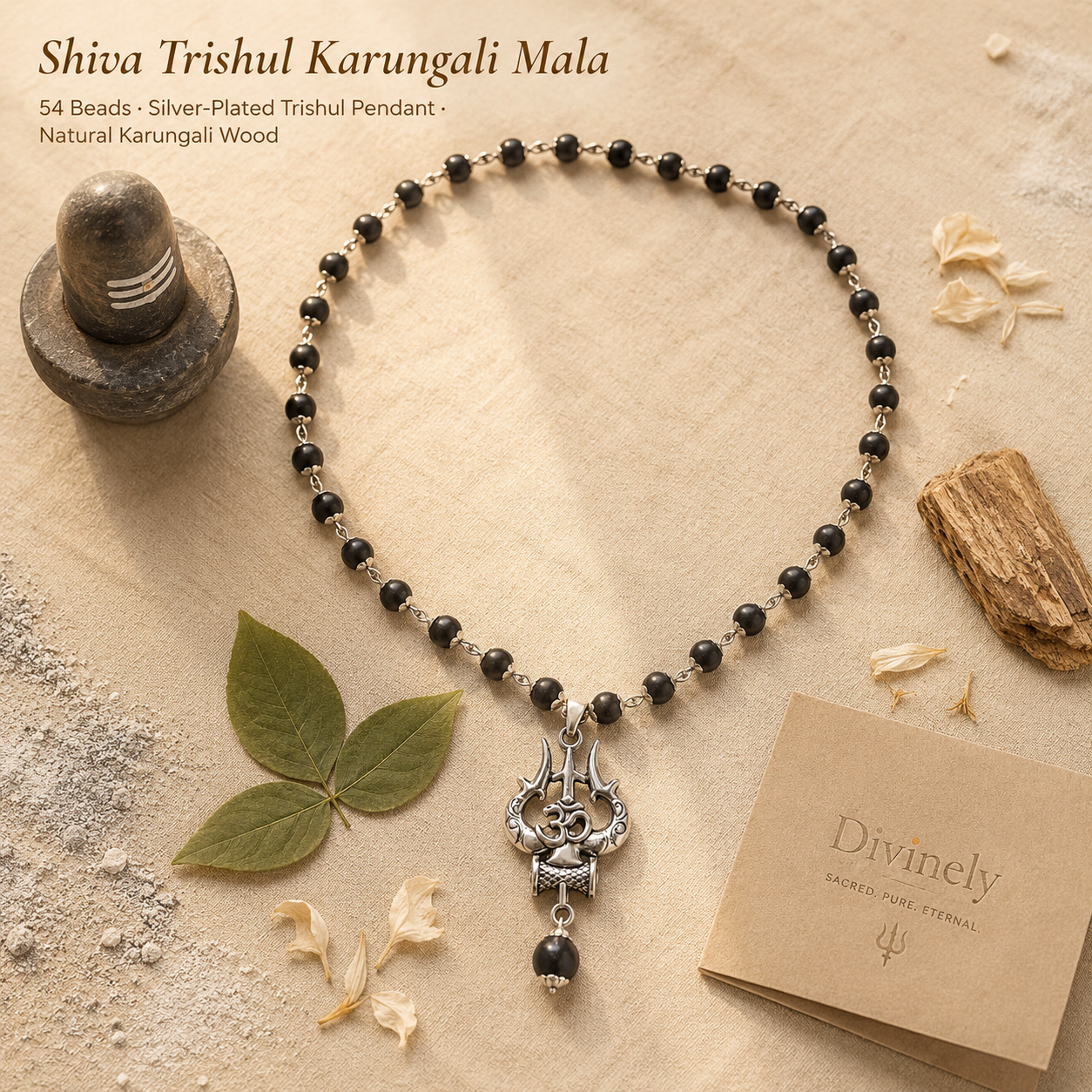 Karungali Silver Trishul Mala with Sacred OM Pendant – 54 Beads