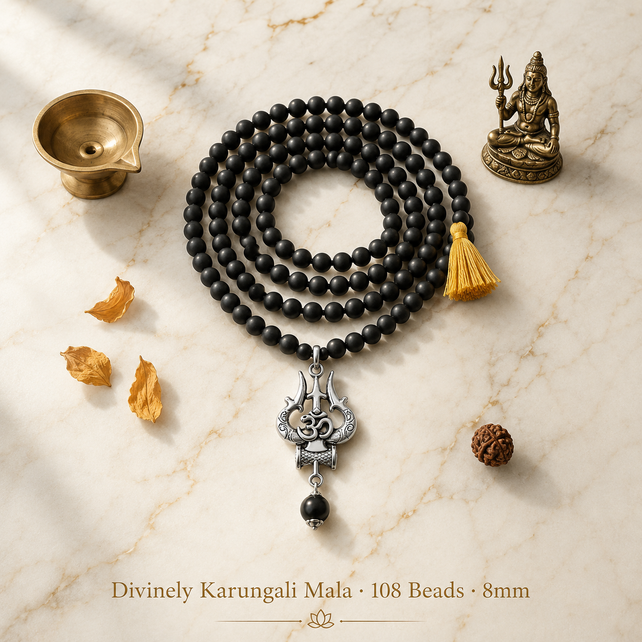Karungali Mala – 108 Sacred Black Karungali Beads with Silver Trishul Om Pendant