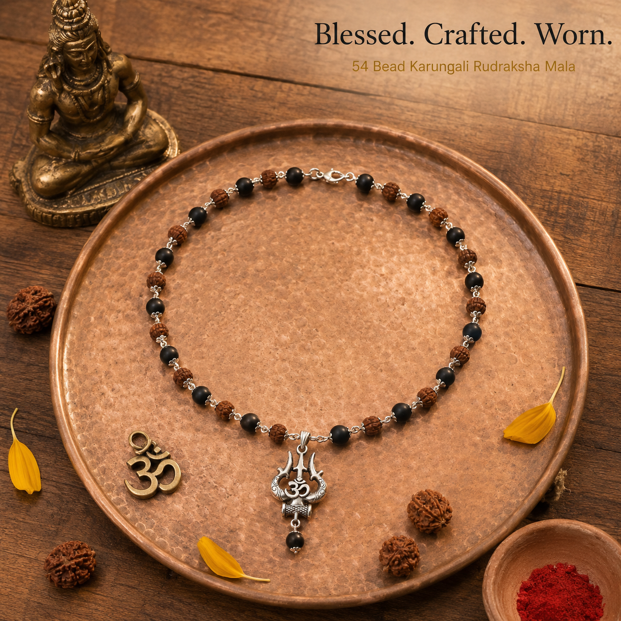 Karungali Rudraksha Silver Mala With Trishul Om Pendant | 54 Sacred Beads | Spiritual Protection Necklace