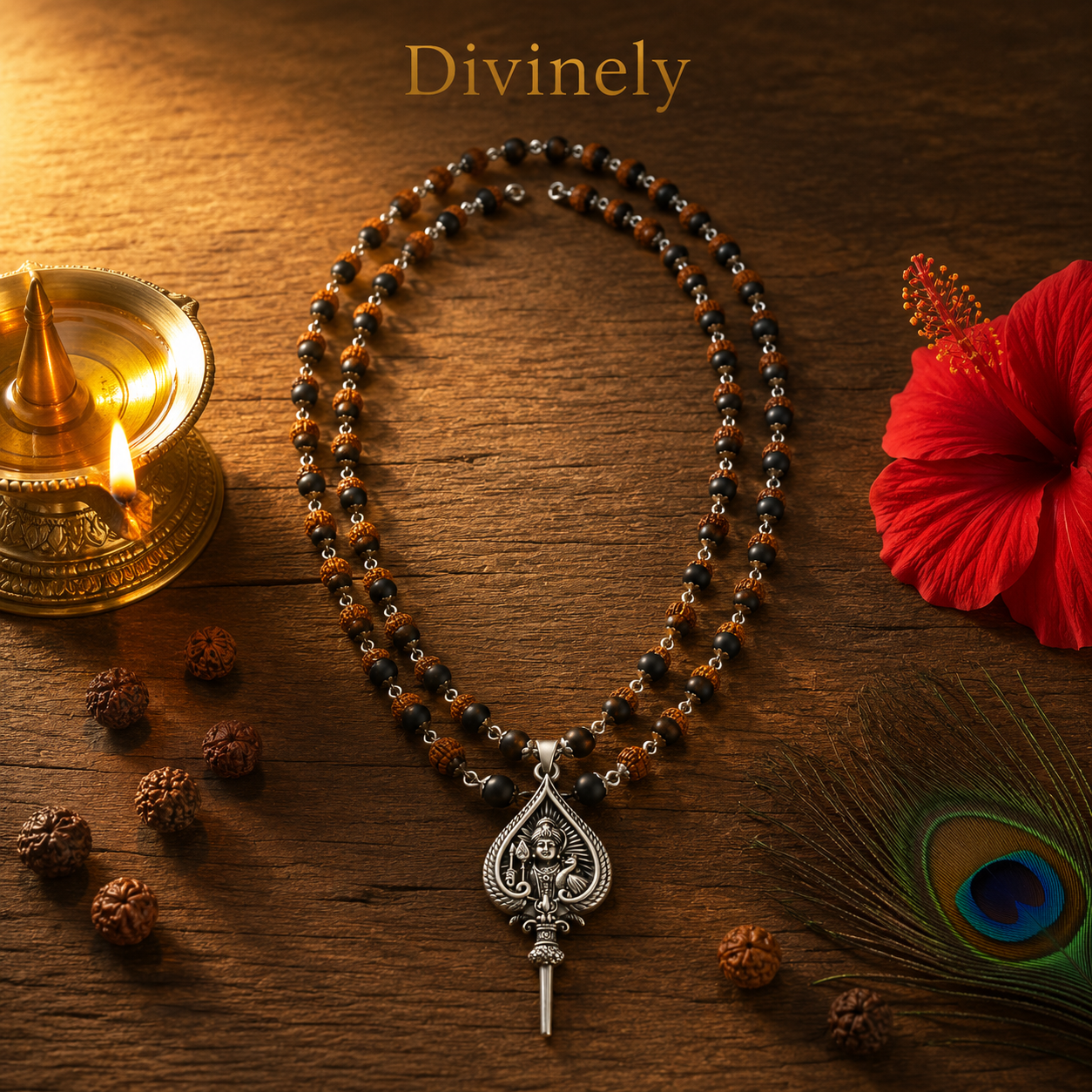 Murugan Vel Karungali Rudraksha Mala | Silver Tone Pendant | 54 Beads Spiritual Necklace