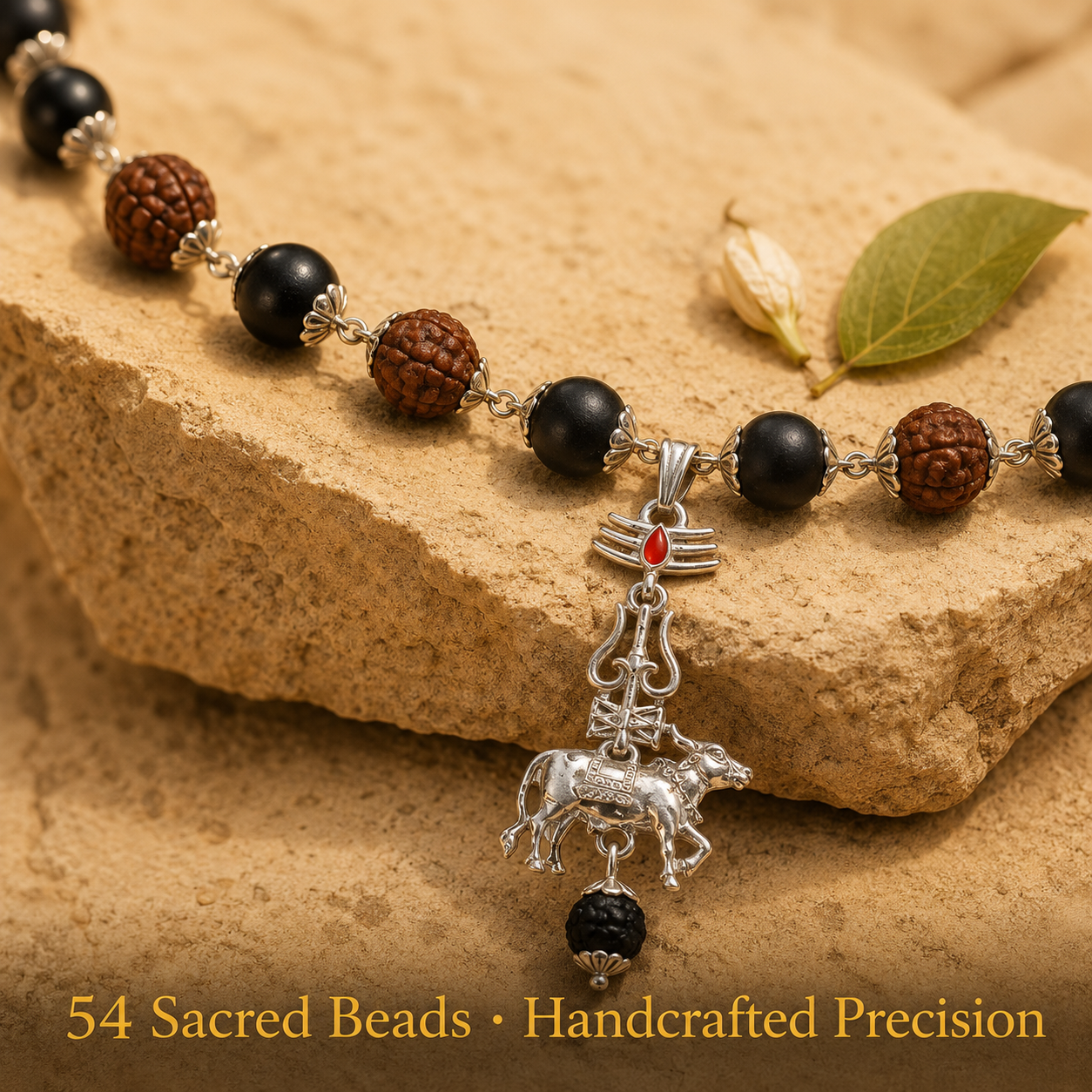 Karungali Rudraksha Silver Mala – 54 Beads, Nandi Trishul Pendant, Handcrafted Spiritual Necklace for Meditation, Protection & Daily Wear