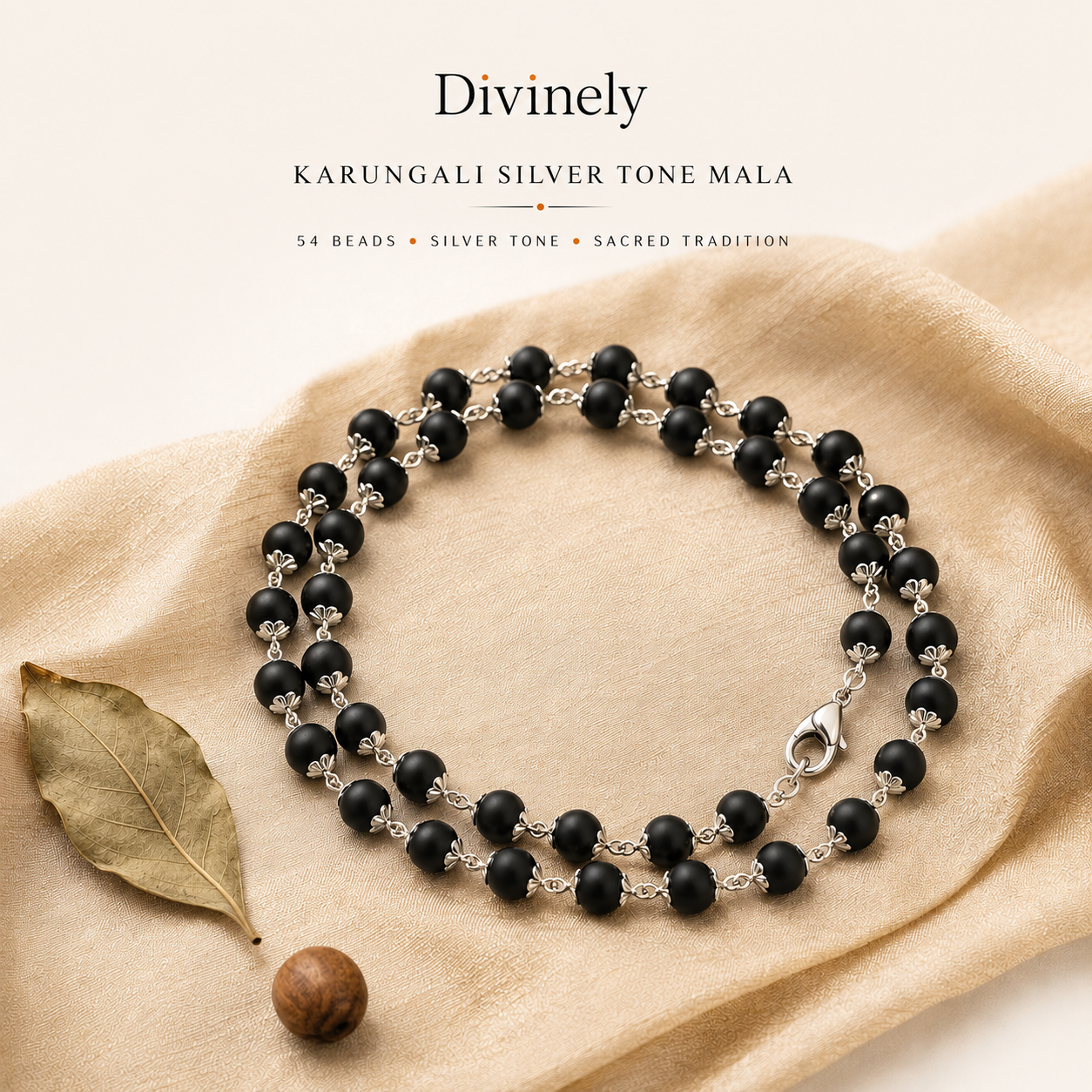 Karungali Silver Mala | 54 Sacred Beads | Genuine Karungali Wood & Silver-Tone Floral Caps | Meditation, Spiritual Protection & Daily Wear
