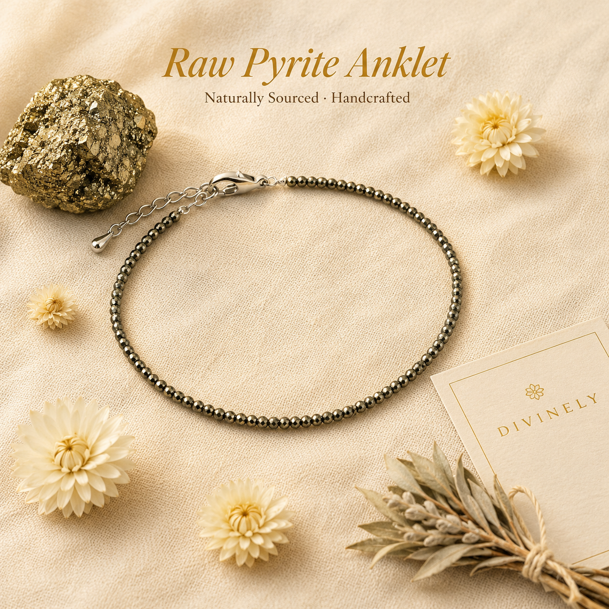 Raw Pyrite Anklet – Natural Pyrite Stone Adjustable Anklet for Everyday Elegance
