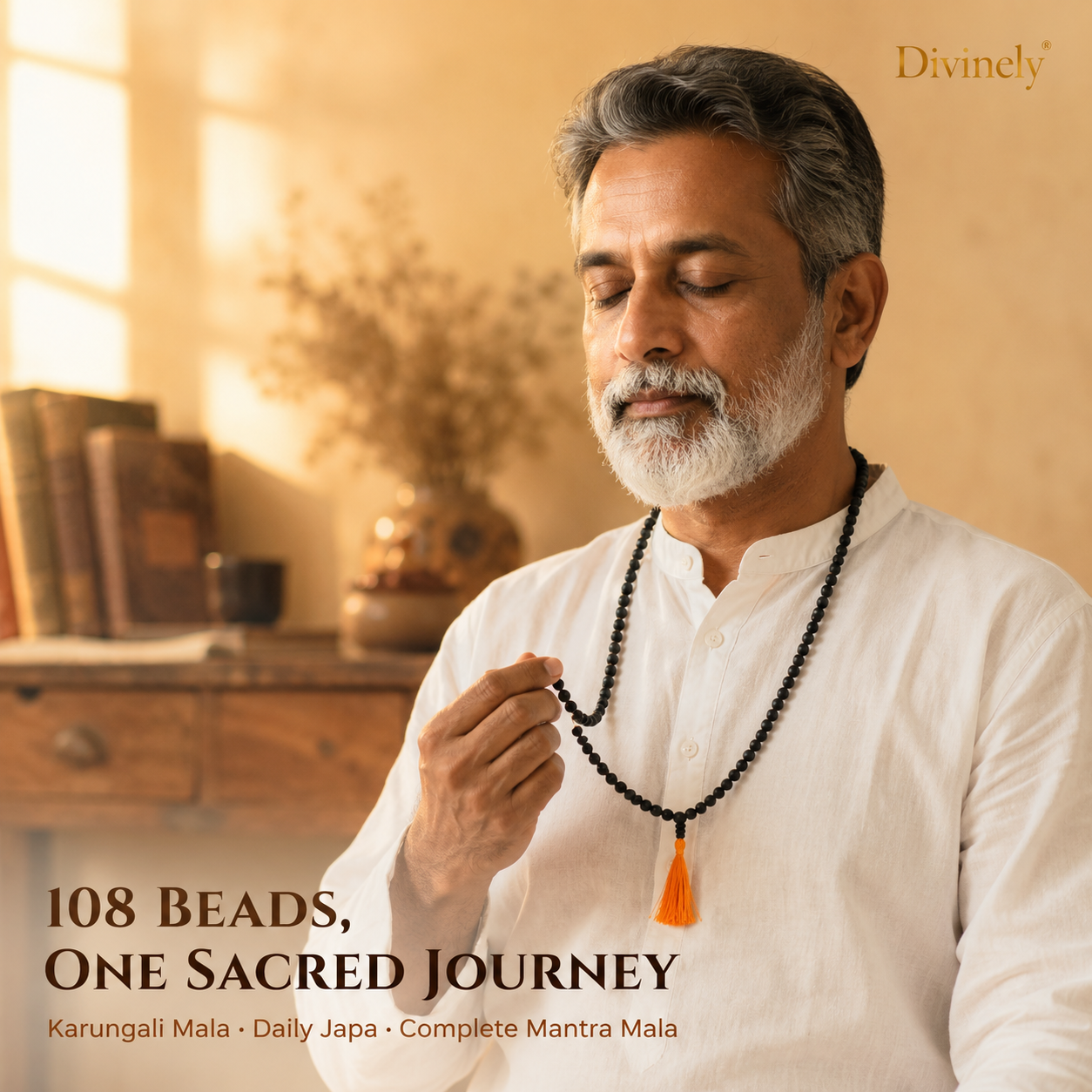 Karungali Mala – 108 Natural Ebony Wood Prayer Beads with Saffron Tassel for Meditation & Japa