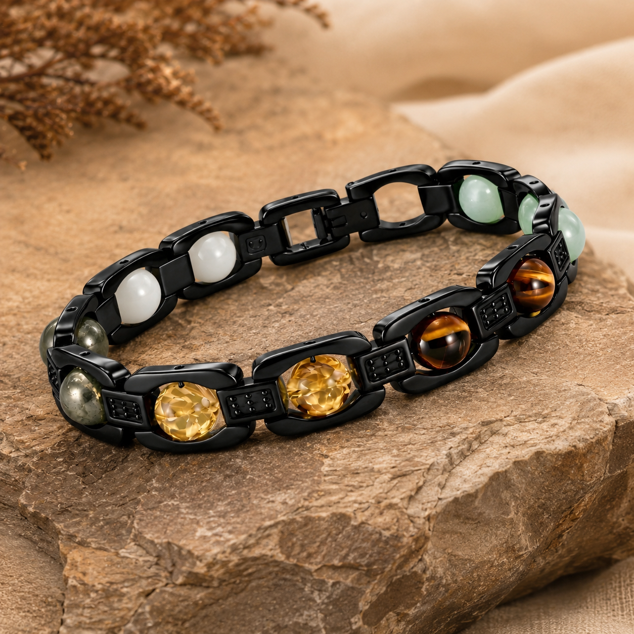 DhanLabh Metal Bracelet Black - Citrine, Tiger Eye, Green Aventurine, White Quartz &amp; Pyrite