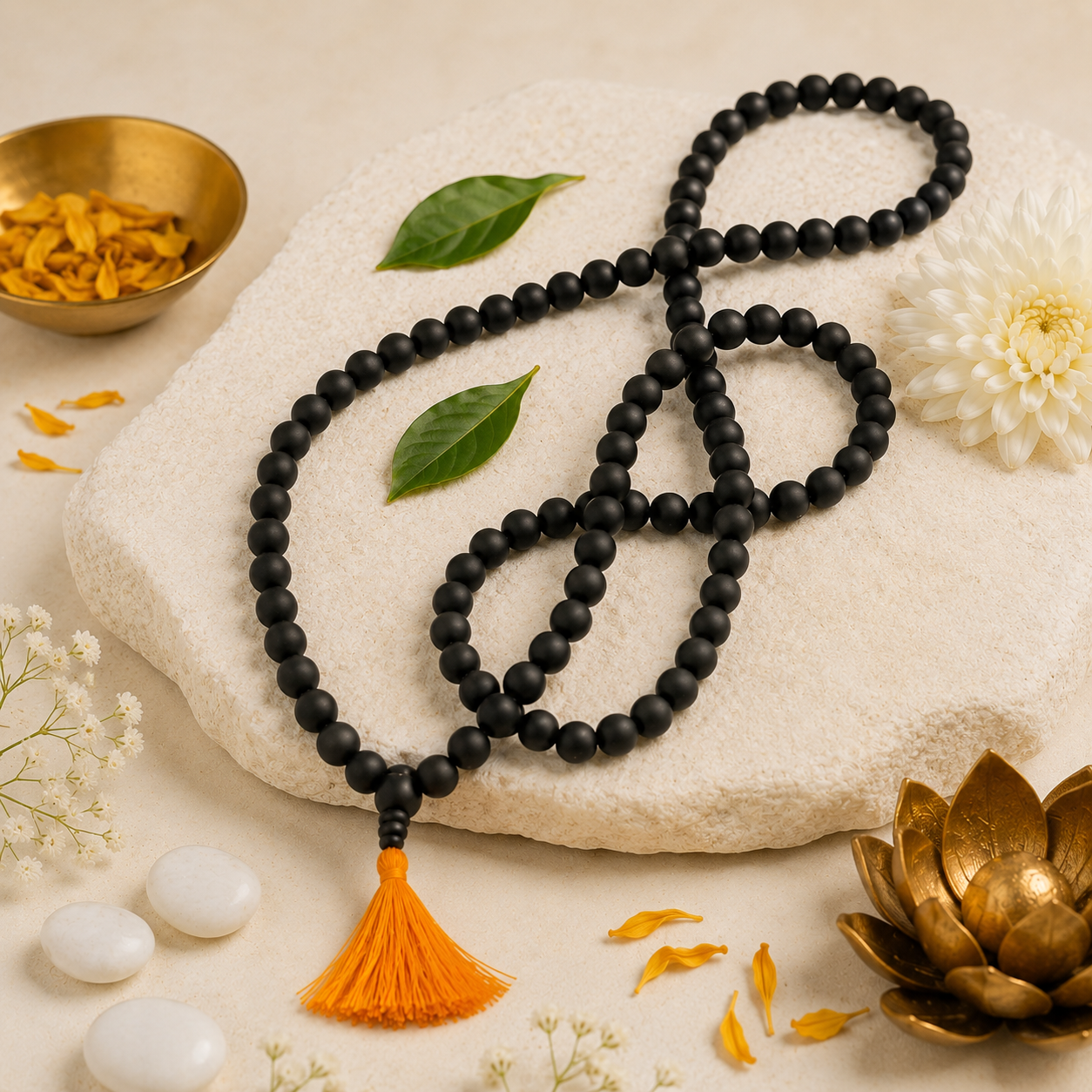 Karungali Mala – 108 Natural Ebony Wood Prayer Beads with Saffron Tassel for Meditation & Japa